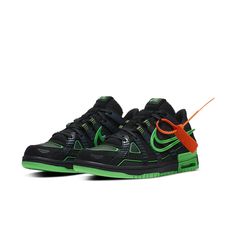 The Nike Air Rubber Dunk x OFF-WHITE "Green Strike" is a reconstructed take on the classic Nike silhouette. It features a layered upper of the P-6000 runner and has mostly black palette with vibrant green accents. The Swoosh and branding are outlined in green, as well as the tongue tag which says "Nike Off." The eye-catching hue is repeated on the sneaker's tooling and frames a visible Air sole unit. Dunk Green, Nike Tenis, Black Palette, P 6000, Off White X Nike, Limited Edition Sneakers, Jordan 12 Retro, Jordan 11 Retro, Nike Sb Dunks