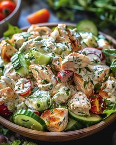 a wooden bowl filled with cucumber and chicken salad on top of a table