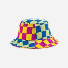 Mixed checkerboard jacquard knit bucket hat. Each hat is one of a kind – patchwork pattern placement may vary, but that's the fun of it. Details Body: 100% Acrylic Lining: 100% PolyesterMachine wash gentle, lay flat to reshape and dry8.5"w, 3.5"h, 2.25" brim Trendy Multicolor Bucket Hat For Outdoor, Multicolor Bucket Hat For The Beach, Multicolor Bucket Hat For Beach, Multicolor Patchwork Casual Hat, Casual Multicolor Patchwork Hat, Multicolor Bucket Hat For Vacation, Multicolor Brimmed Bucket Hat For Outdoor, Trendy Multicolor Bucket Hat With Short Brim, Multicolor Bucket Sun Hat For The Beach