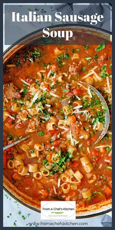 italian sausage soup in a pot with a spoon