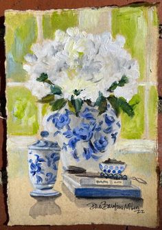 a painting of white flowers in a blue and white vase on a window sill