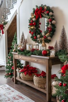 Entry Way Ideas Christmas, Christmas Decor On Console Table, Christmas Decor Ideas Red And Black, In House Christmas Decorations, Front Room Christmas Decor, Entrance Hall Christmas Decor, House Decorating Ideas For Christmas, Festive Christmas Decor, X Mas Decoration Ideas House