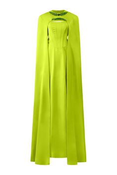 Luxury Green Floor-length Maxi Dress, Luxury Cape Dresses For Wedding, Silk Cape With Cape Sleeves For Formal Occasions, Elegant Silk Cape For Formal Occasions, Elegant Green Gown With Cape Sleeves, Luxury Cape Evening Dress, Luxury Floor-length Evening Dress With Draped Sleeves, Elegant Evening Capelet, Silk Cape Dress With Draped Sleeves