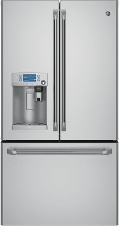 a stainless steel refrigerator with water dispenser and ice maker on the door