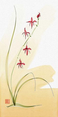 a painting of three red flowers with long green stems in the foreground, against a light yellow background