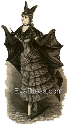 an old fashion illustration of a woman in a dress with bats on her head and cape