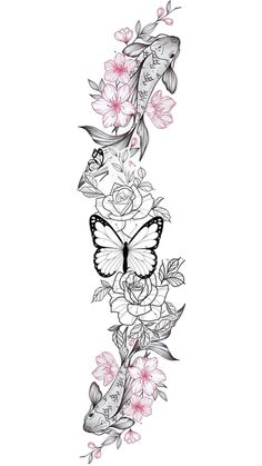 a tattoo design with fish and flowers on it