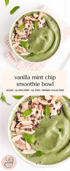 two bowls filled with green smoothie and topped with nuts