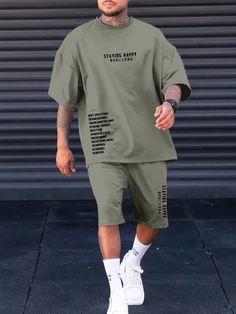 Army Green Casual Collar Half Sleeve  Slogan  Embellished Medium Stretch  Men Plus Size Clothing Designer Tshirts Fashion Men, Mens Oversized Outfits, Men T Shirts Design, Over Size T Shirt Outfit Men, Mens T Shirts Style Fashion, Over Size T Shirt Outfit, Over Size Outfit, Graphic T-shirt Design, Tshirt Outfit Men