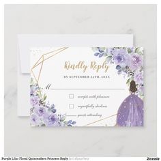 a purple and gold wedding rsp card with flowers on the front, featuring a princess in