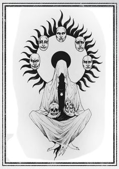 a black and white drawing of skulls surrounding a woman with her head in the air