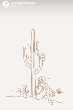 a drawing of a woman sitting in front of a cactus