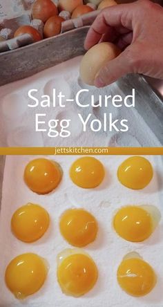 an image of eggs being boiled and salt - covered in egg yolks on a baking sheet