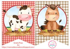 two farm animals are shown in this handmade greeting card with gingham checkered background