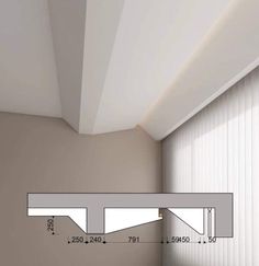 an image of a room with white curtains and blinds on the windowsill, as well as measurements