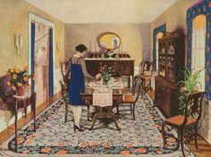 a painting of a woman standing at a dining room table in front of an open door