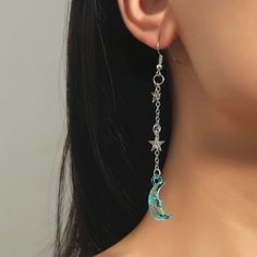 This Beautiful Silver Color Pair Of Clear Star And Crescent Moon Dangle Earrings Is A Wonderful Addition To Your Wardrobe And Your Style! Boho Style! Blue Moon-shaped Sterling Silver Earrings, Blue Star Charm Drop Earrings, Blue Star Charm Earrings For Party, Blue Dangle Earrings With Moon Charm, Blue Drop Earrings With Star Charm, Blue Star Charm Dangle Earrings, Blue Dangle Earrings With Star Charm, Blue Moon Shaped Sterling Silver Earrings, Blue Star Charm Jewelry For Party