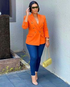 Classy Wear, Blazer Outfits Casual, Orange Blazer, Color Blocking Outfits, Dinner Dress Classy, Corporate Fashion, Pants Women Fashion, Business Casual Dresses