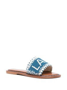 blue/white calf leather almond open toe front strap with bead-embellishment branded leather insole leather sole slip-on style This piece comes complete with a protective dust bag. This item is in size 36 and the color is Blue Blue Sandals With Woven Sole And Flat Heel, Blue Sandals With Woven Flat Heel, Blue Flat Heel Sandals With Woven Sole, Blue Leather Slides For Vacation, Bead Embellishment, Beaded Flats, Blue Sandals, Vacation Style, Lake Como