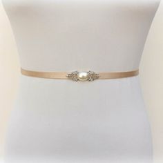 Champagne bridal thin elastic Silver jeweled pearl wedding dress belt by MissLaceAccessories on Etsy