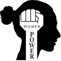 the silhouette of a woman's head with her fist raised in protest against women power