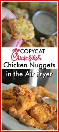 chicken nuggets in the air fryer with text overlay that reads copycat chick - nest chicken nuggets in the air fryer