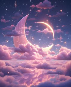 a crescent moon in the sky with clouds and stars around it, as if to be floating