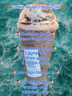 an ice cream sundae in a plastic cup on top of the ocean with instructions to make it