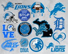 detroit lions and detroit lions stickers on a gray background with the detroit lions logo