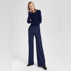 Theory Wide Leg Trouser Size 6 Color Seablue Condition: New With Tags Material: Traceable Wool Slacks Trousers, Slacks For Women, Theory Dress, Stretch Dress Pants, Crop Dress, Wide Trousers, Pinstripe Dress, Black Slacks, Grey Dress Pants