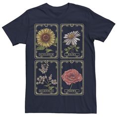 four different types of flowers on a navy t - shirt with the words today written in gold