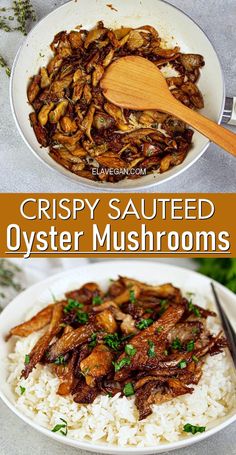 crispy sauteed oyster mushrooms served over rice in a white bowl