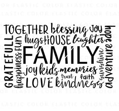 the word family is written in black and white on a white background with words that spell out