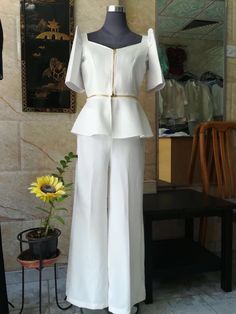 Modern Filipiniana Top And Pants, Filipiniana Pantsuit, Terno Filipiniana, Filipino Products, Barong Dress