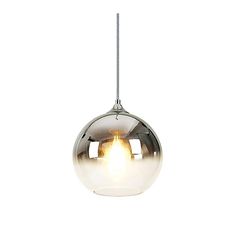 a chrome ball light hanging from a chain on a white background, with the bulb turned upside down