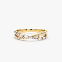 "Statement RIng / 14k Mix Baguette and Round Diamond Crossover Ring / Criss-Cross Diamond Stacking Ring / Minimalist Ring Ferko's Fine Jewelry Gold Kt: 14K (also available in 18K) Available Gold Color: Rose Gold, Yellow Gold, White Gold Round Diamond: 20 pcs 1.2 MM Baguette Diamond: 11 pcs 3x1.4 MM Number of Stones: 31 Total CTW: 0.49 Ctw Baguette Diamond Color-Clarity: G Color VS Round Diamond Color-Clarity - G Colors SI Clarity If you have any additional questions about this ring, just hit the Crossover Wedding Band, Fine Jewelry Baguette Rings With Half Eternity, Yellow Gold Baguette Rings With Single Cut Diamonds, Yellow Gold Baguette Ring Fine Jewelry, Fine Jewelry Yellow Gold Baguette Ring, Right Hand Rings For Women, Ring Redesign, Gemstone Rings Unique, Diamond Crossover Ring