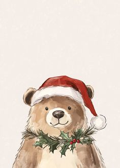 a brown teddy bear wearing a santa hat and holly - berry garland on its chest