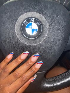 Bmw Acrylic Nails, Bmw Nails Design White, Bmw Inspired Nails, Red White Blue French Nails, Red Blue White Nails, Red And Blue Nails Acrylic, Car Inspired Nails, Bmw Nails Art, Car Nails Designs