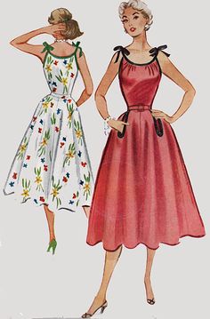 1950s Sun Dress with Tied Shoulders and Full Skirt by sandritocat Summer Sleeveless Vintage 1950s Style Dress, 1950s Vintage Dress With Summer Pattern, A-line Dress With Vintage Pattern In 1950s Style, 1950s Style Sleeveless Vintage Dress With Floral Print, Vintage 50s Walkaway Full Skirt Dress Pattern, Summer Sundress, Patron Vintage, Couture Vintage