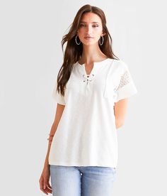 Women's Pieced Crochet Top In White By Daytrip., Women's White Raw edge ribbed knit lace-up top Bust measures 40 on size small Body length 24 on size small. Self: 57% Cotton 40% Polyester 3% Spandex. Contrast: 100% Cotton. Machine wash cold with like colors. Do not bleach. Lay flat to dry. Low iron if needed. Apparel & Accessories > Clothing > Shirts & Tops Casual Stretch Tops With Lace Trim, White Casual Lace Top For Fall, Casual White Lace Top For Fall, Casual Lace Top With Short Sleeves, Casual White Lace Trim Top, Casual Stretch Lace Top With Short Sleeves, Casual Crew Neck Crochet Top For Day Out, Casual Crochet Crew Neck Top For Day Out, Casual V-neck Eyelet Blouse