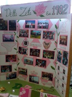 a pink and white display with pictures on it