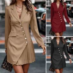 Womens Long Sleeve Lapel V Neck Blazer Dress Ladies OL Work Pleated Mini Dresses - Dress Long Sleeve Pleated Business Dress, Long Sleeve Business Dress With Pockets, Semi-formal Mini Dress With Lapel Collar For Fall, Business Dresses With Pockets For Fall, Fall Business Dresses With Pockets, Fall Semi-formal Mini Dress With Buttons, Fall Office Mini Dress With Pleats, Fall Office Pleated Mini Dress, Fall Office Mini Dress Pleated