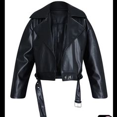 New, Black, Us Size 10 Chic Faux Leather Biker Jacket For Streetwear, Black Faux Leather Biker Jacket, Trendy Belted Biker Jacket For Winter, Chic Faux Leather Jacket For Streetwear, Black Belted Biker Outerwear, Black Biker Outerwear With Belt, Chic Black Leather Biker Jacket, Trendy Faux Leather Biker Jacket For Night Out, Trendy Black Leather Biker Jacket