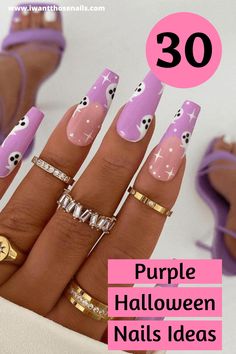 Purple Halloween Nails Bright Pink Halloween Nails, Purple Halloween Nails Almond, Lilac Halloween Nails, Spooky Nails Purple, Pastel Ghost Nails, Light Purple Halloween Nails, Purple And Black Halloween Nails Designs, Purple Pumpkin Nails, Purple Ghost Nails