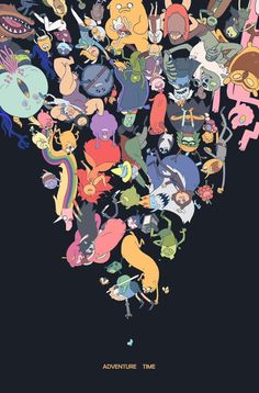 an image of many different cartoon characters in the shape of a heart on a black background