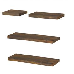 three wooden shelves are shown against a white background