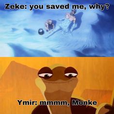 an image of a cartoon character with the caption zeke you saved me, why?