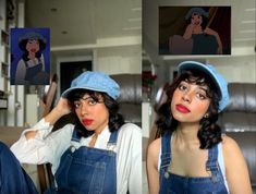 a woman wearing overalls and a hat with an image of snow white on her face