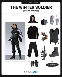 the costume guide for the winter soldier is shown in black and features all kinds of items