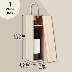 a wine bottle in a wooden box with measurements